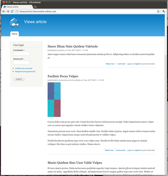 Before image, show the blog-like default Drupal front page.