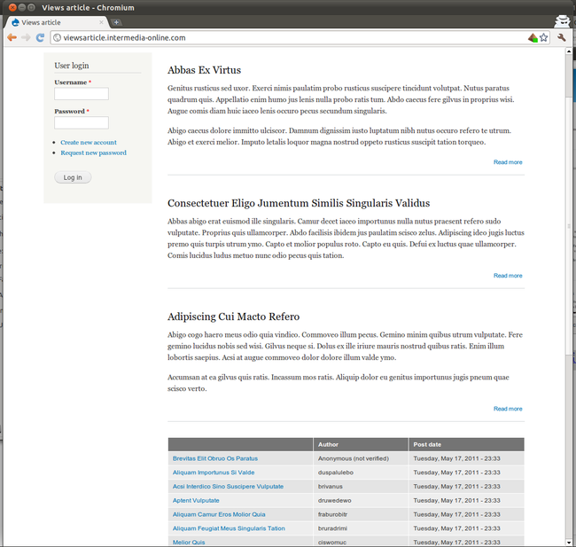 Drupal front page showing three recent posts and a table of ten more recent posts.